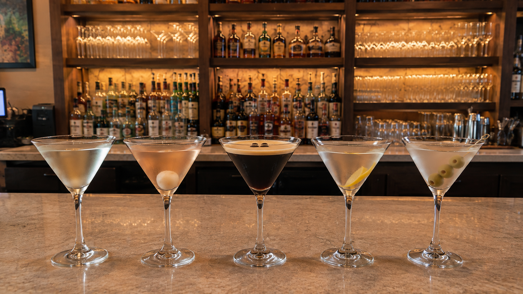 A row of colorful crafted martinis at the OCEAN WAVE bar
