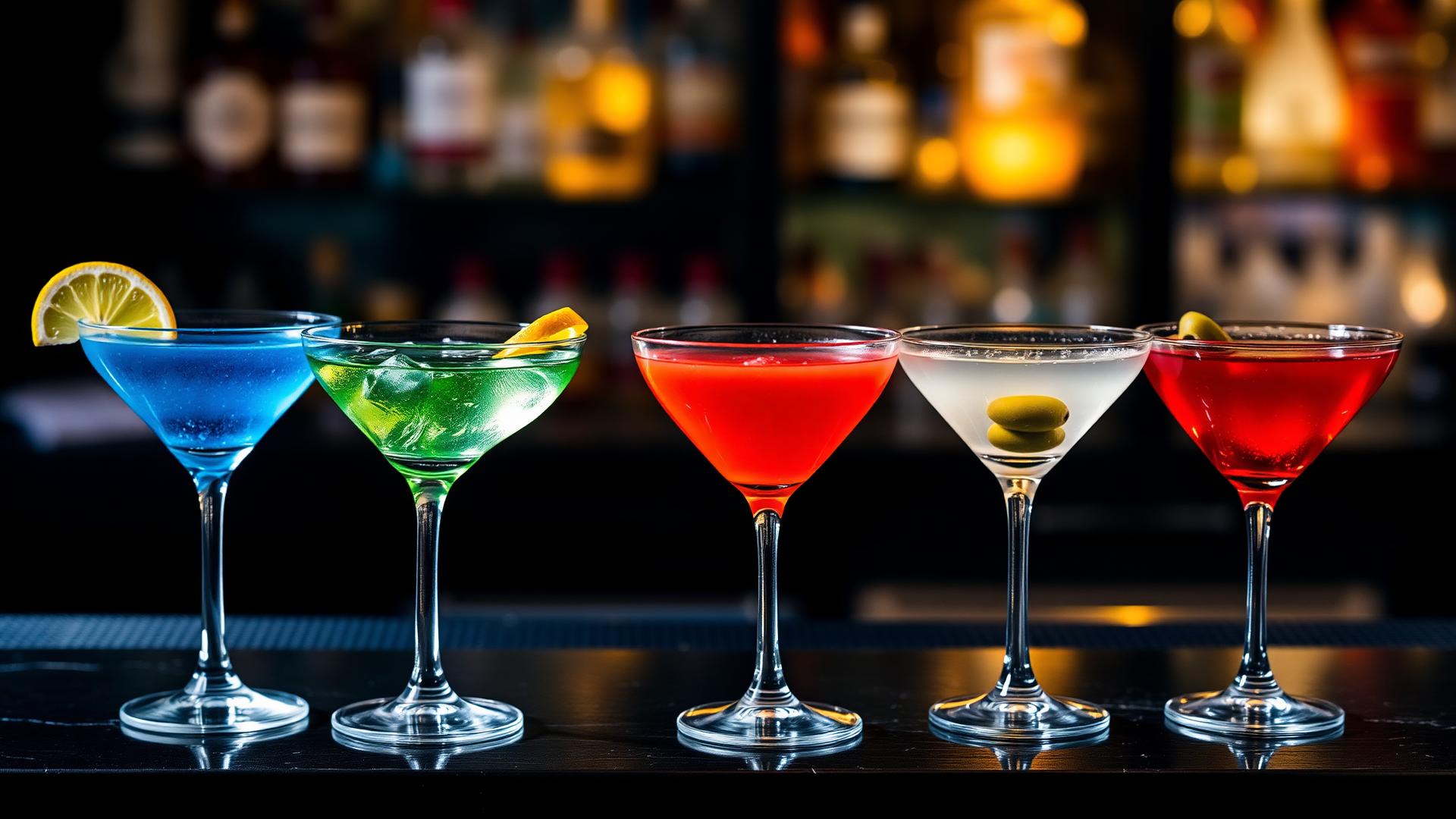A row of colorful crafted martinis at the OCEAN WAVE bar